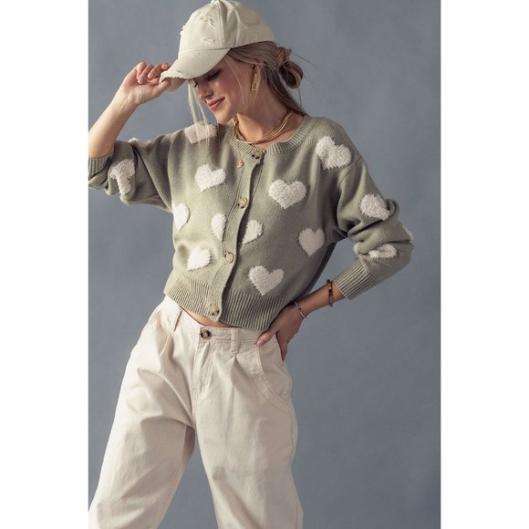 NEW Sage Green Fuzzy Hearts Long Sleeves Button Front Sweater Knit Crop Cardigan - Picture 7 of 11